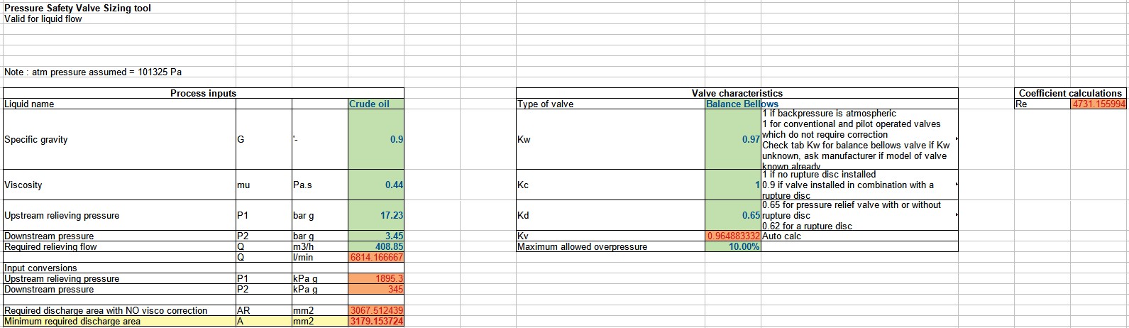 Screenshot Pressure safety valve liquid service calculator