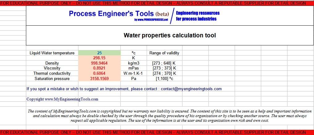 Screenshot water properties calculator