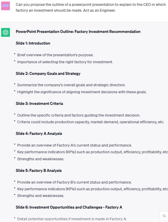 ChatGPT prompt to make the outline of a powerpoint presentation