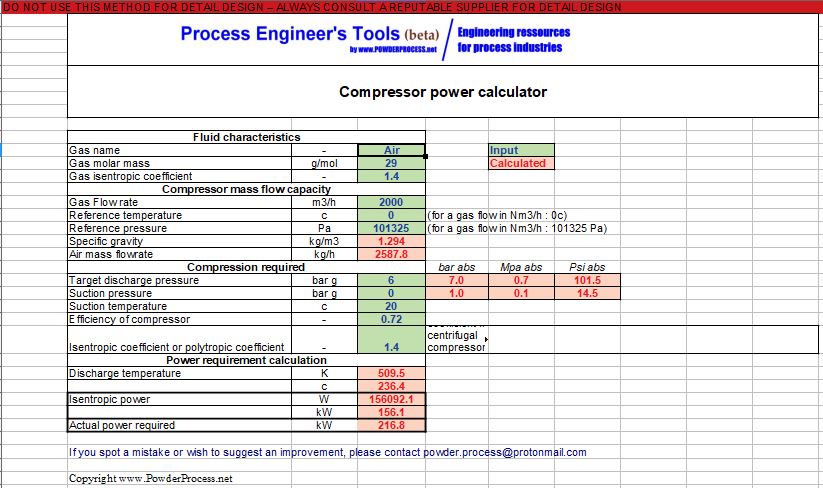 Compressor power Excel calculator screenshot