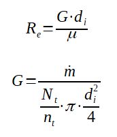 Reynolds expressed as a function of the mass flux in the tubes