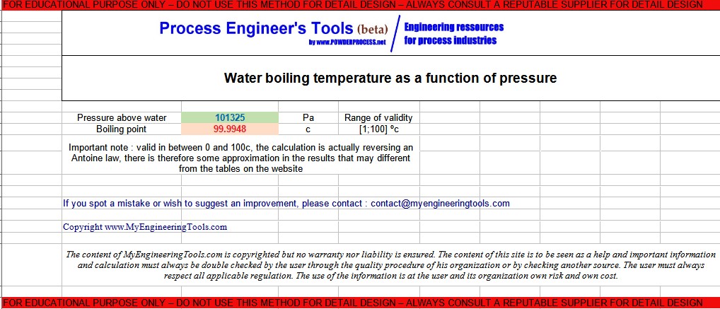 Screenshot Water boiling point calculator Excel spreadsheet