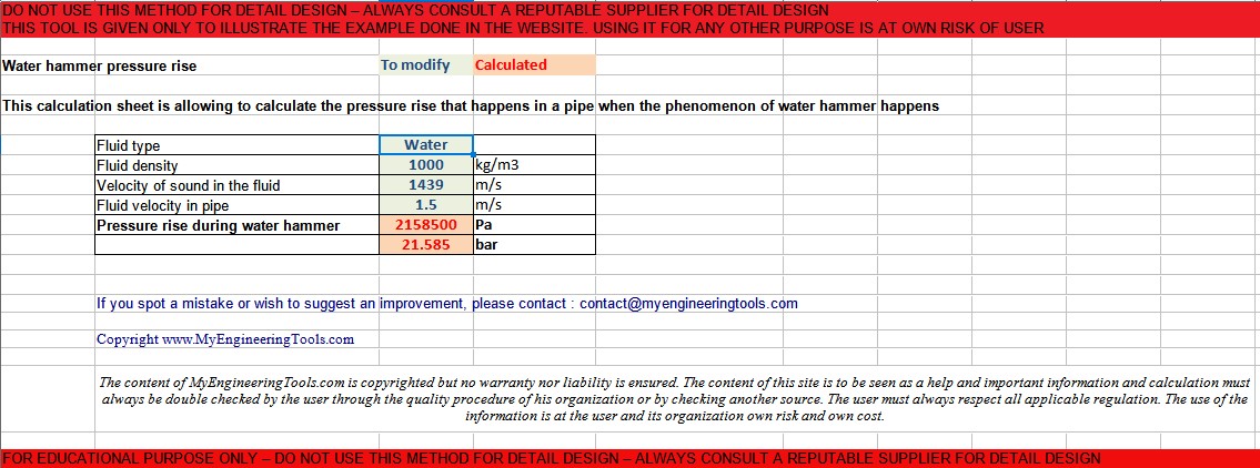 Water Hammer pressure rise Excel calculator